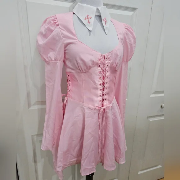Dolls Kill Pink White Cross Sugar Thrillz Noble Hearted Corset lace up Dress S - Picture 8 of 8